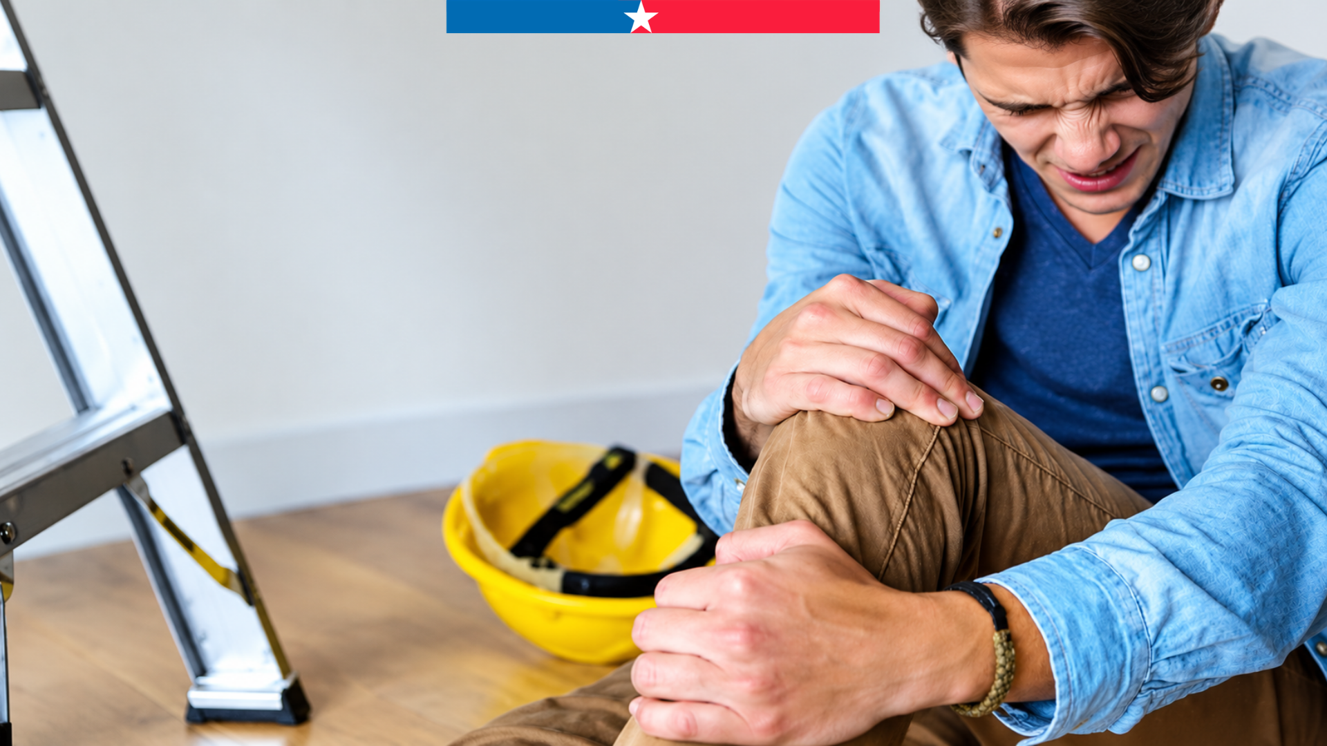 Trabajadora o trabajador sujetando su rodilla lesionada tras un accidente, junto a un casco de seguridad y una escalera