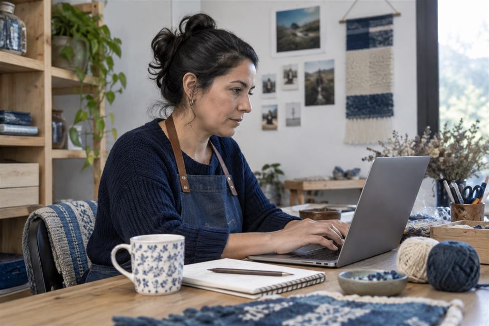 Trabajadora independiente utilizando su computador en su taller